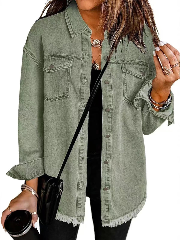 Jacket Women Oversized Distressed Denim Frayed Hem – Casual