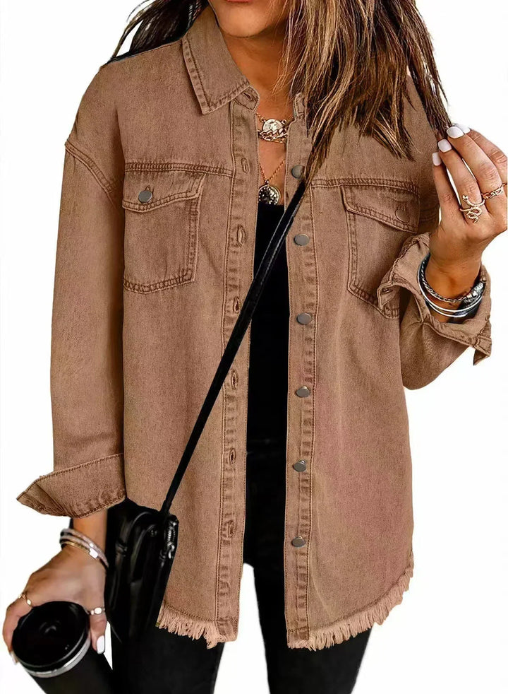 Jacket Women Oversized Distressed Denim Frayed Hem – Casual