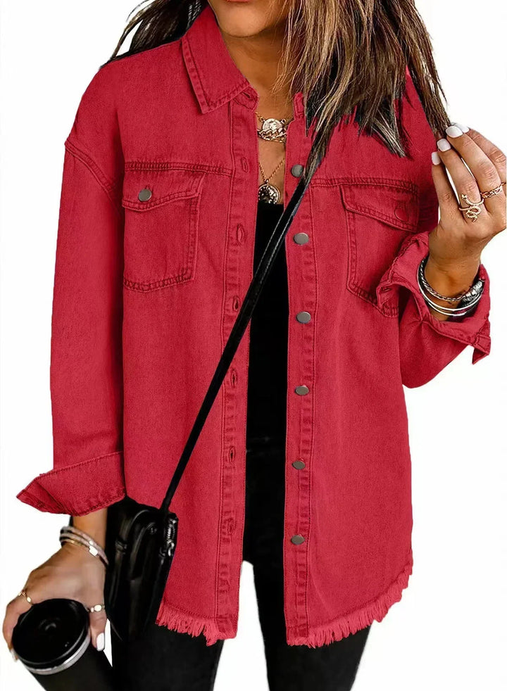 Jacket Women Oversized Distressed Denim Frayed Hem – Casual