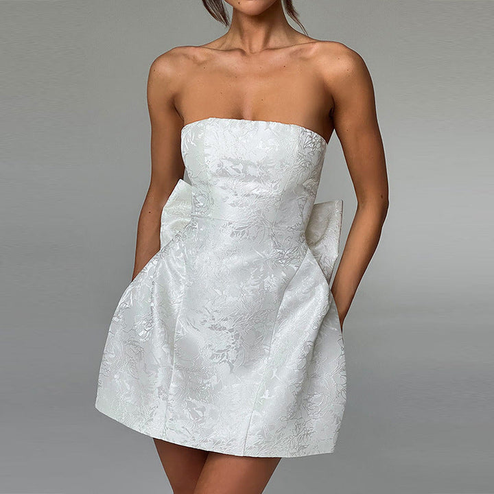Dress Women Strapless Jacquard Bow Detail – Party