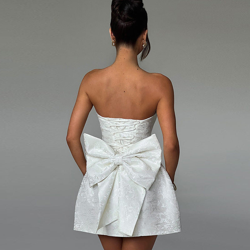 Dress Women Strapless Jacquard Bow Detail – Party