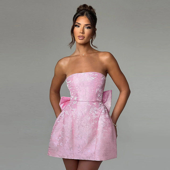 Dress Women Strapless Jacquard Bow Detail – Party