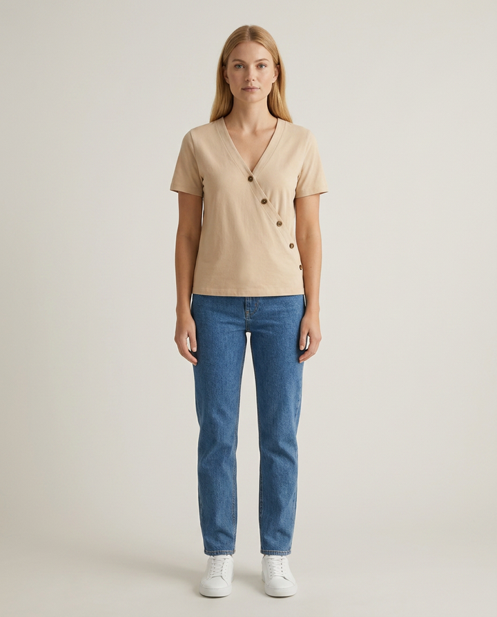 T-Shirt Women Wrap Neckline Cotton – Casual