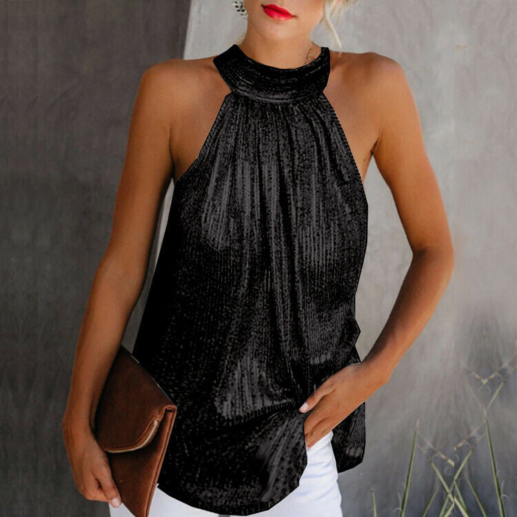 Top Women Sleeveless Glitter Halter Neck – Party