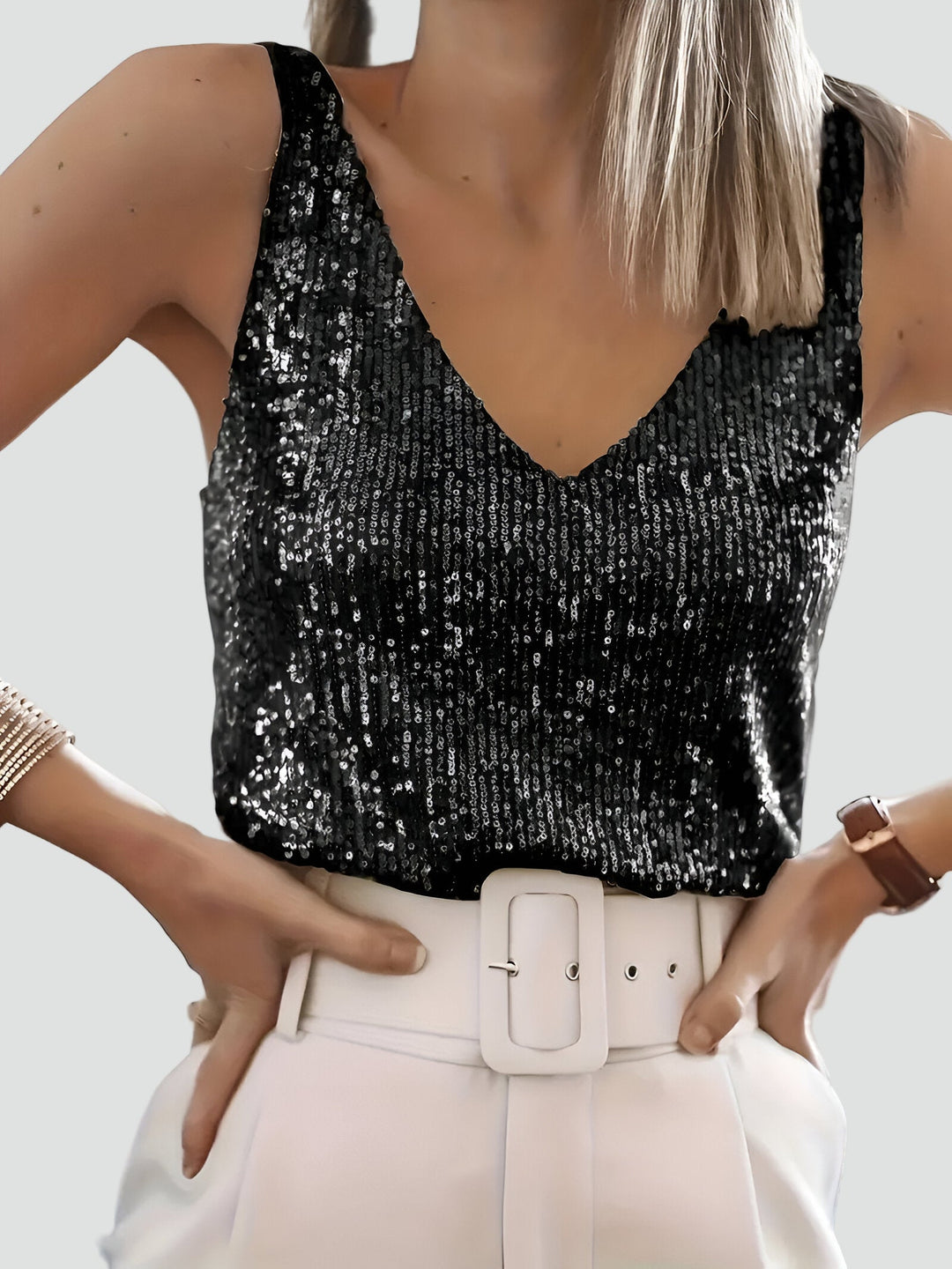 Top Women Sleeveless V-Neck Sequined – Party
