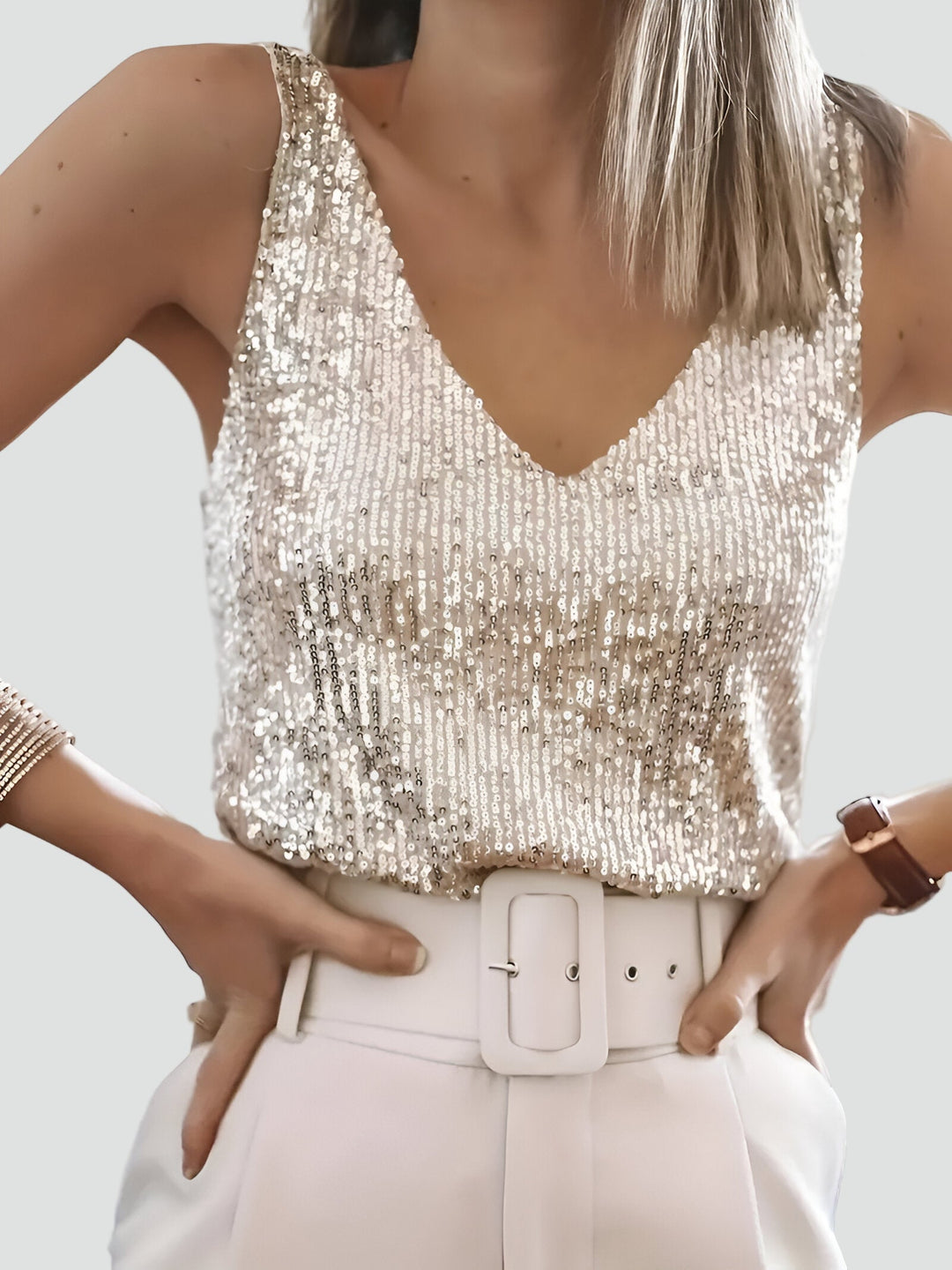 Top Women Sleeveless V-Neck Sequined – Party