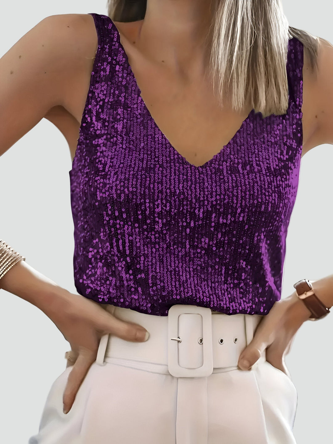 Top Women Sleeveless V-Neck Sequined – Party