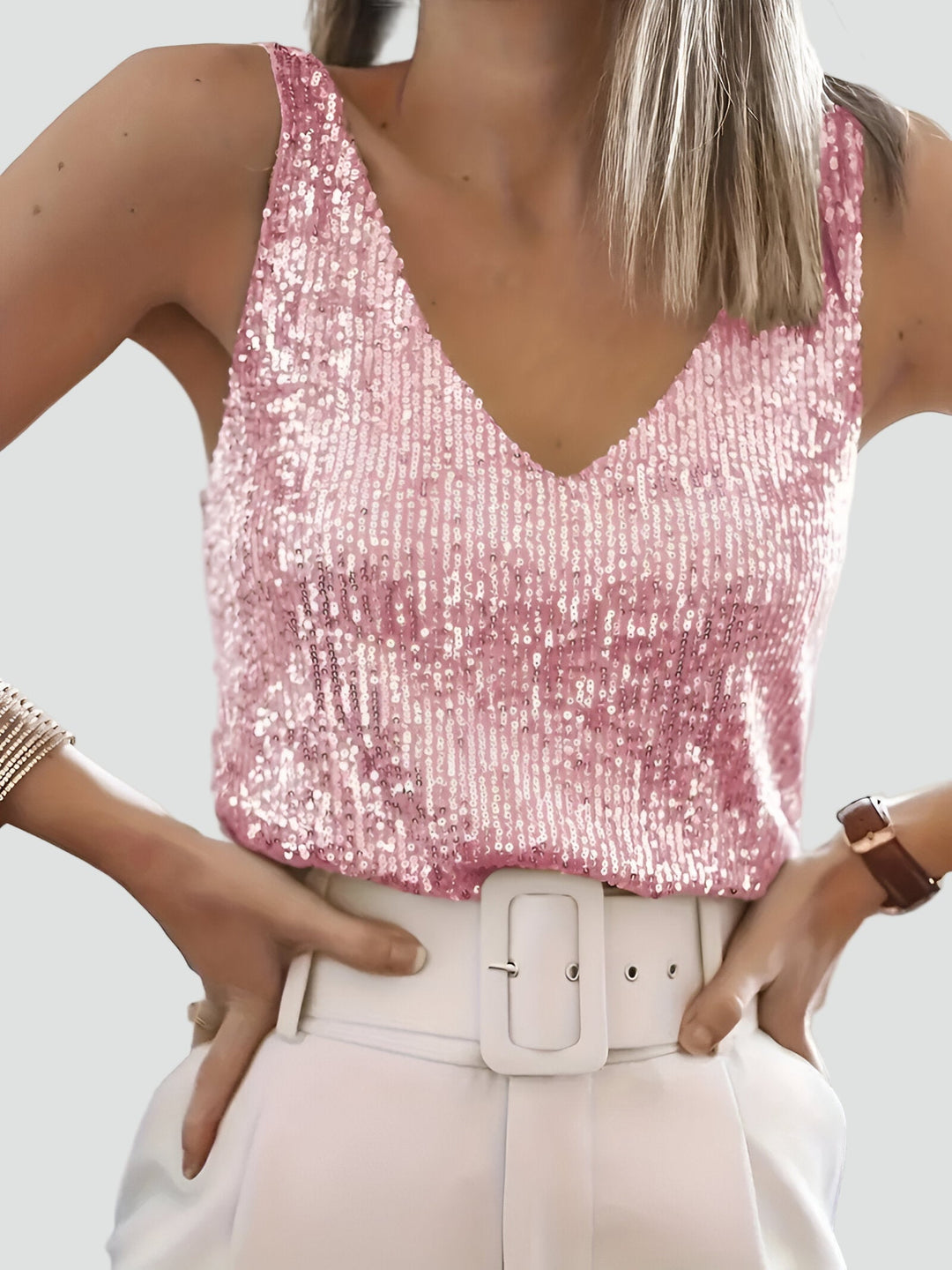 Top Women Sleeveless V-Neck Sequined – Party