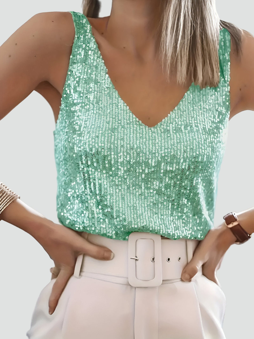 Top Women Sleeveless V-Neck Sequined – Party