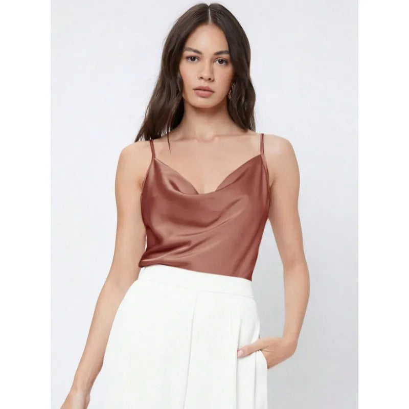 Top Women Satin Sleeveless Waterfall Neckline – Party