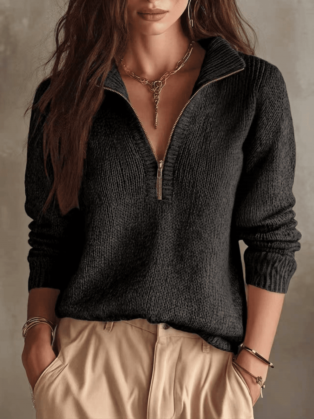 Jumper Women Knitted High Collar Half Zip – Winter