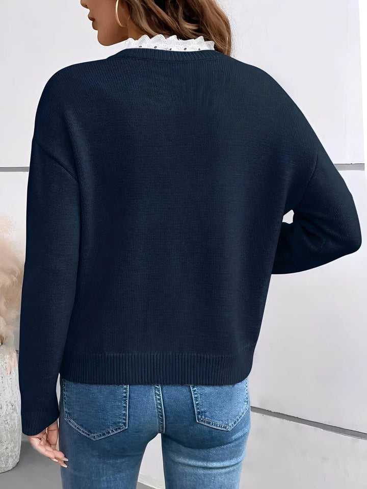 Jumper Women Knitted V-Neck Lace Detail – Casual