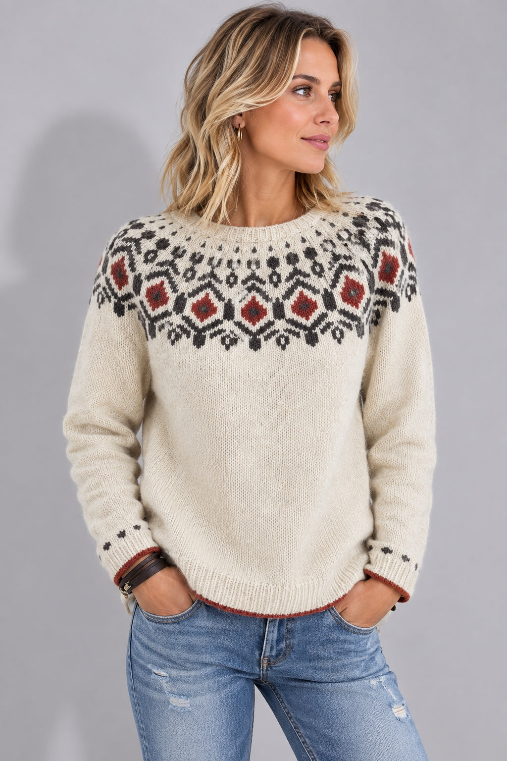 Jumper Women Knitted Jacquard Shoulder – Winter