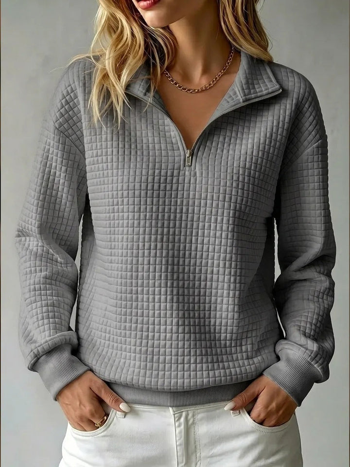 Jumper Women High Collar Zip Waffle Texture – Casual