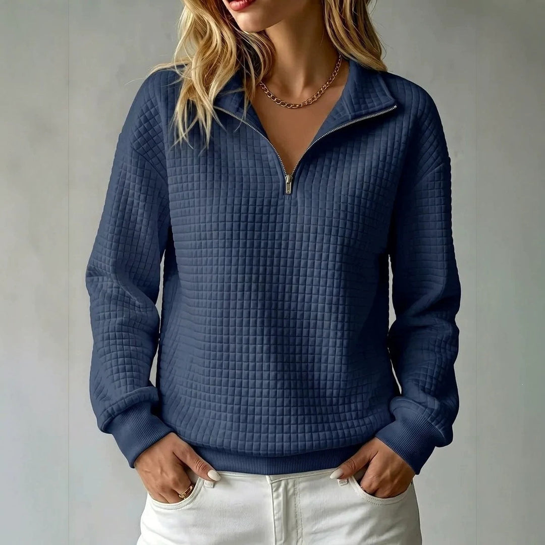 Jumper Women High Collar Zip Waffle Texture – Casual