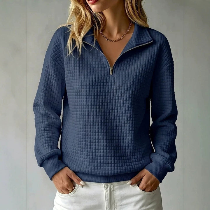 Jumper Women High Collar Zip Waffle Texture – Casual