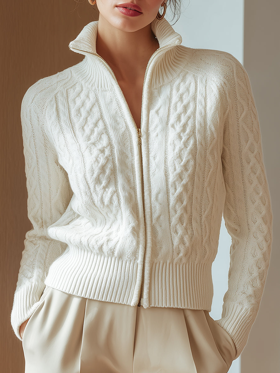 Cardigan Women Short Cable Knit Stand-Up Collar Zip – Office