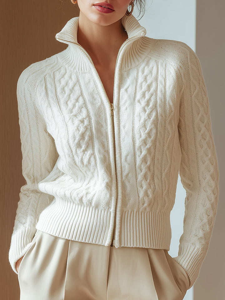 Cardigan Women Short Cable Knit Stand-Up Collar Zip – Office