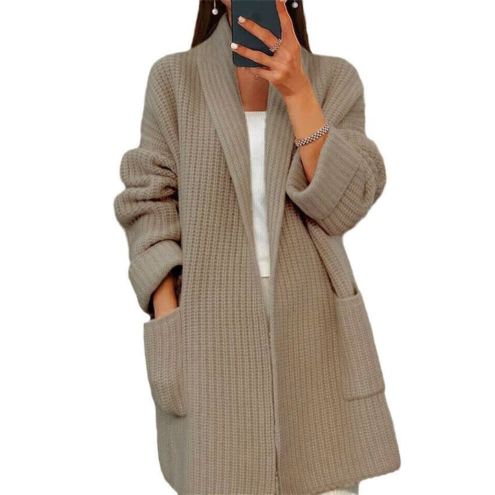 Cardigan Women Long Knitted Lapel Collar Pockets – Casual
