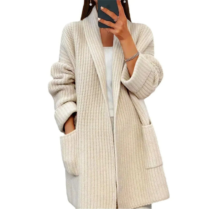Cardigan Women Long Knitted Lapel Collar Pockets – Casual