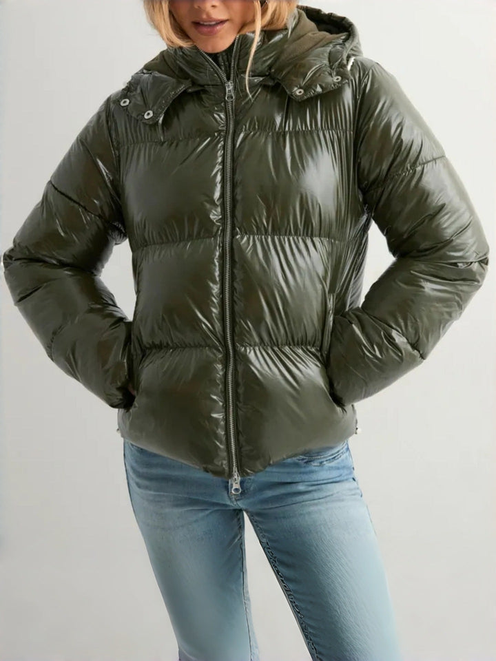 Jacket Women Quilted Hooded Zipper Pockets – Winter